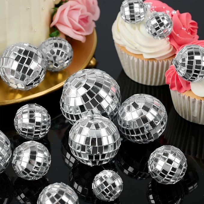 Soelomu 30 Pcs Mini Disco Ball Cake Decorations - 4 Sizes Silver Reflective Mirror CupCake Decor for 70s Birthday Music Disco Party Supplies