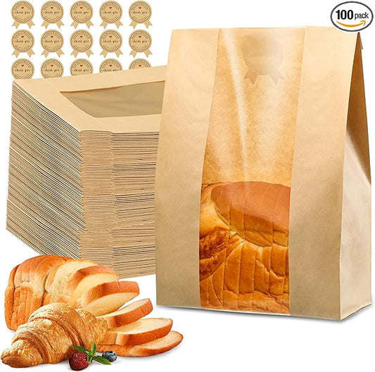 100 Pcs Bread Bags for Homemade Bread, Sourdough Paper Bags With Window, 50% Thicker 13.7x8.2x3.7in, A Large Bakery Bag Used for Storage Sourdough & Snacks, 110 Cute Sealing Stickers With Ties