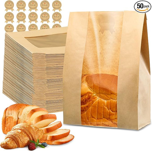 50 Pcs Bread Bags for Homemade Bread, Sourdough Paper With Window, 50% Thicker 13.7x8.2x3.7in A Large Bakery Bags Used for Storage Cookies & Snacks, 60 Cute Sealing Stickers With Ties