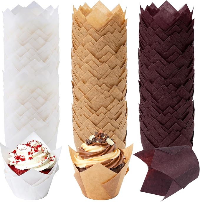 Ruisita 150 Pcs Mini Cupcake Liners Muffin Liners Baking Cups | Tulip Cupcake Liner for Baking Wedding, Birthday, Baby Shower Parties, Brown, Natural, White