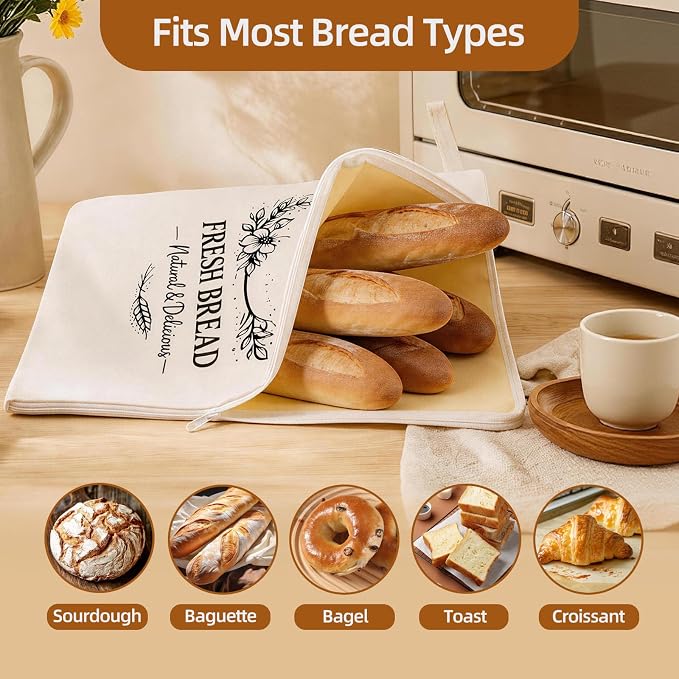 Beeswax Linen Bread Bags with L-Shaped Wide Zipper, 2 Pack XL | Reusable bread bags. Preserve freshness and texture of sourdough and artisan loaves. Ideal for daily homemade bread storage.