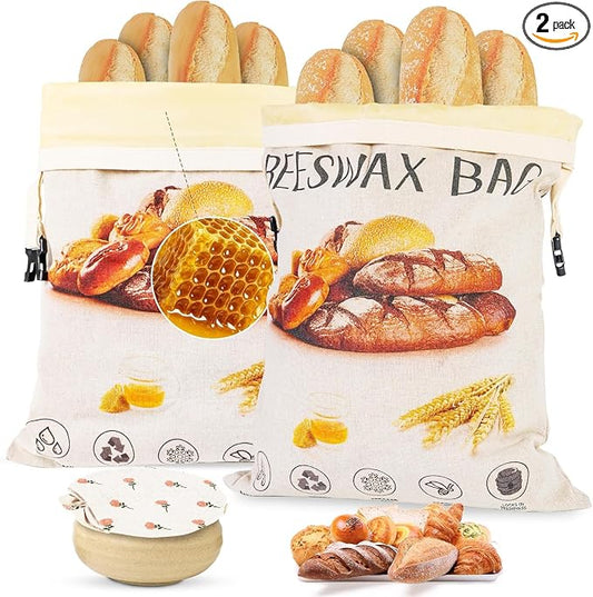 2 Pack Beeswax Bread Bag,17"×13"Reusable Organic Bread Bags for Homemade Bread Sourdough,Linen Outer Lining and Pure Cotton Beewax Inner Lining Moisture-proof &Fresh-Preserving With Buckle&Bowl Covers