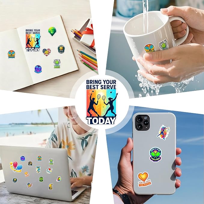 100 PCS Pickleball Tennis Padel Stickers Pack, Racket Sports Decor | Waterproof Vinyl Sports Decals for Laptop Water Bottle Paddle Scrapbook Bag Journal Gift for Athletes Teens Adults Women