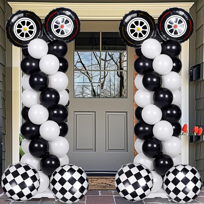 Skylety 2 Sets Race Car Balloon Column Stand Kit Adjustable Race Car Black White Balloon Stand with Bases for Birthday Wedding Anniversary Graduation Party Baby Shower Decorations Supplies