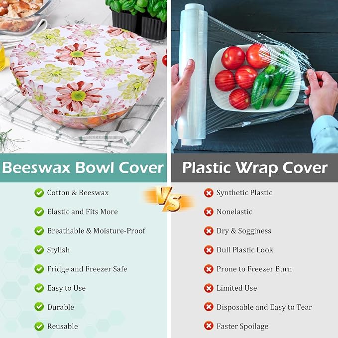 2 Large Reusable Beeswax Bowl Covers for Bread Proofing, 10/12 Inch Elastic Beeswax Wraps Cotton Cloth Sourdough Bowl Covers for Proofing Baskets, Mixer Bowls, Food Storage Containers