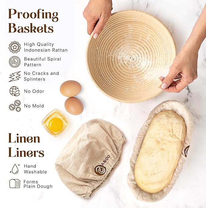 ABIOTO Sourdough Bread Baking Supplies and Starter Kit - Ultimate Bread Making and Sourdough Starter Kit with Proofing Baskets, 34oz Sourdough Jar, Bread Lame, Scrapers & Danish Whisk