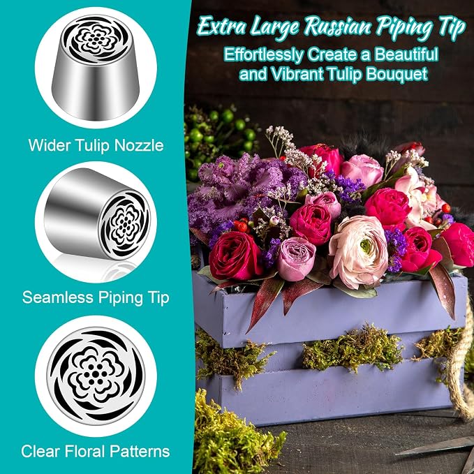 Russian Piping Tip Extra Large Flower Piping Tips for Cake Decorating Stainless Steel Floral Nozzle Frosting Pipings Kit for Pastry Cupcake Cake Decorating Wedding Birthday