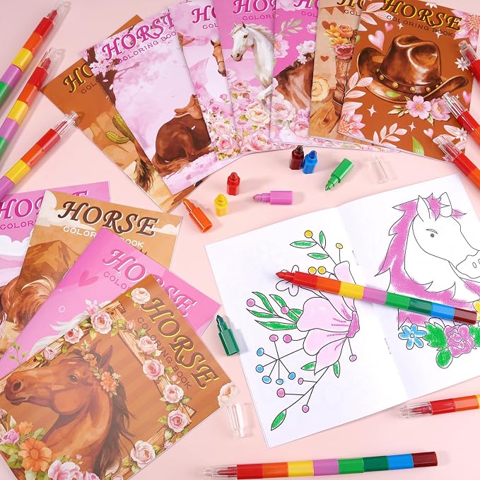 BenLouis 12 Horse Floral Mini Coloring Books Kids with 12 Stacking Crayons Cowgirl Party Favors Small Activity Books Bulk for Kids Girls Horse Racing Flower Party Gift Goodie Bag Stuffers