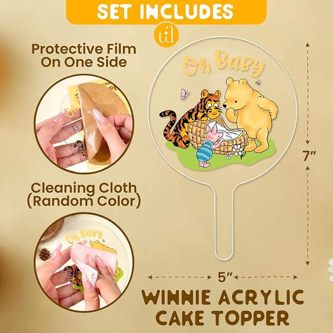 Woodamore Classic Pooh Baby Shower Cake Topper - Acrylic Cake Topper Baby Shower Decorations, Pooh Cupcake Toppers Winnie Birthday Decorations