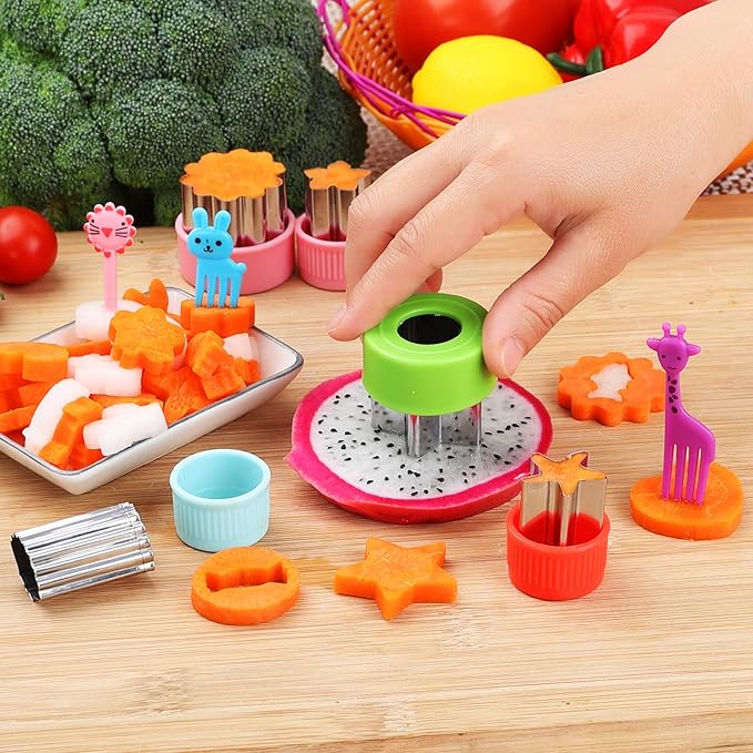 Vegetable Cutter Shapes Set, 24pcs, Mini Cookie Cutters Set Fruit Cookie Pastry Stamps Mold with 20pcs Food Picks and Forks -for Kids Baking and Food Supplement Tool Accessories