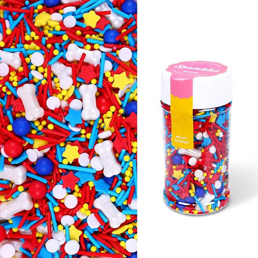 Red Blue Yellow Sprinkles with Dog Bone Candy for Cupcakes Decorating,3oz Sprinkle Mix for Birthday Pet Themed Cupcakes, Cakes, Donuts, Cookies Decorating
