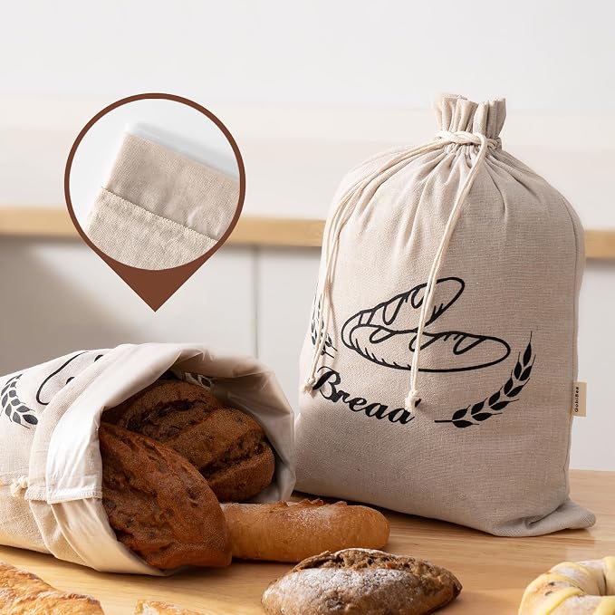 2 Pack Linen Bread Bags for Homemade Bread - Plastic Lined - Reusable Linen Sourdough Bread Storage Bags with Plastic Liner - 17" x 13"