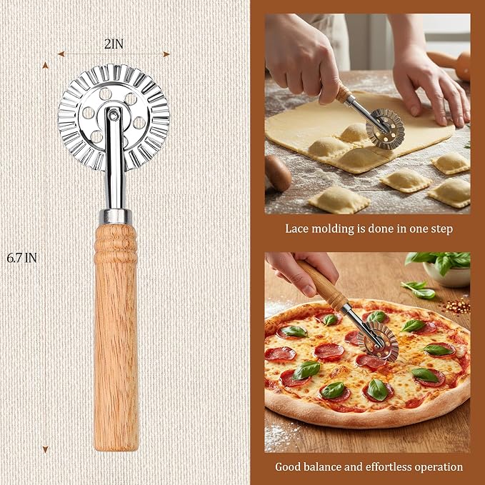 Long Handle Large Cutter Wheel - Exquisite Wooden Handle, Perfect for Pasta, Pizza, Ravioli, Pastry,Cookie - Versatile Crinkle and Biscuit Cutter for Effortless Slicing
