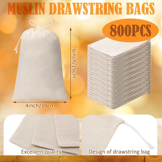 Tatuo 800 Pcs Cotton Muslin Bags with Drawstring Reusable Cloth Sachet Pouch Empty Gift Canvas Bags Bulk for Jewelry Home Party Favors (4 x 6 Inch)