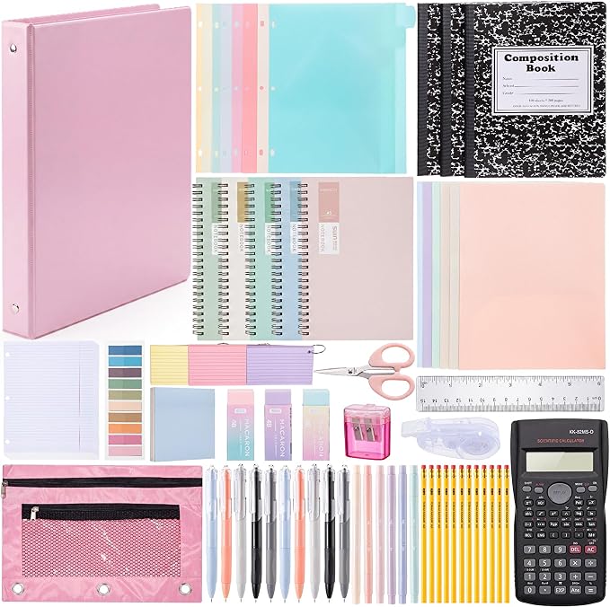 Eersida 117 Pcs Middle High School College Bundle Supplies Kit, Back to School Essentials, Includes Folders, Notebooks, Tab Dividers, Pencils, Highlighters, Calculator & More (Macarons)