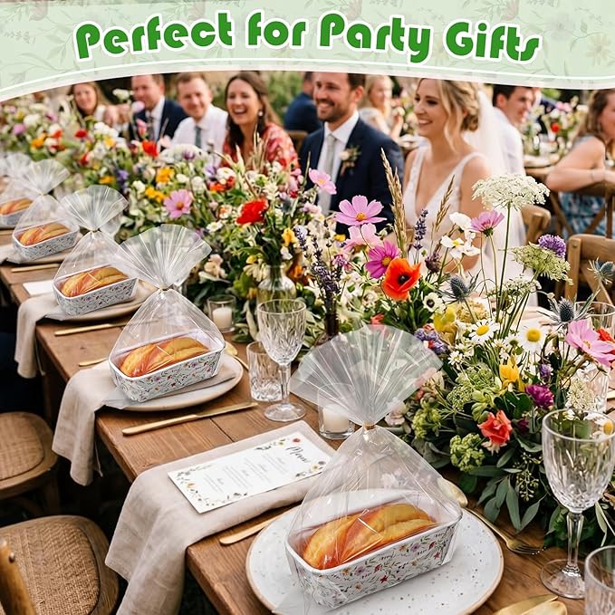 Hushee 50 Sets Wildflower Paper Loaf Pans with Bags & Ties, 6.3x2.2x2.2" Disposable Mini Bread Baking Molds, Colorful Floral Spring Cake Liners for Mother's Day Easter Garden Party Gifts
