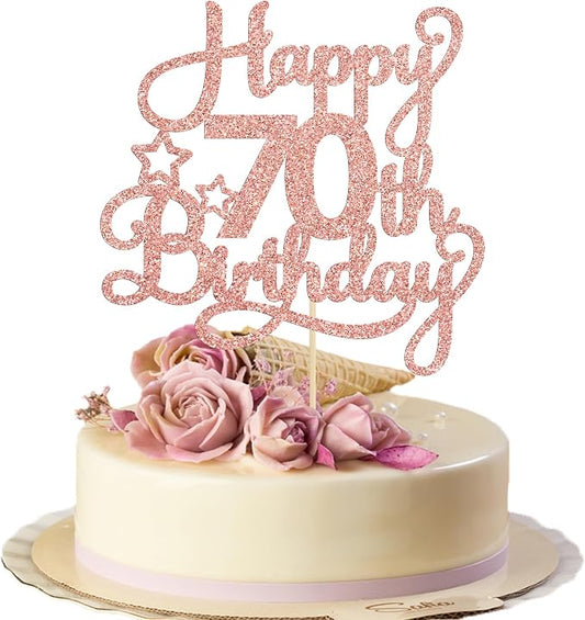 1 Pack Happy 70th Birthday Cake Topper Rose Gold Glitter 70 & Fabulous Cheers to 70 Years Old 70th Birthday Cake Pick for Celebrating 70th Birthday Anniversary Party Cake Decorations Supplies