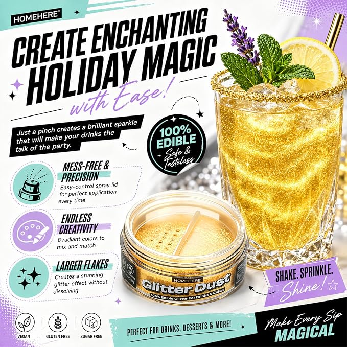 HomeHere Edible Glitter for Drinks & Cakes, 10g Food Grade Disco Diamond Glimmer Dust, Sparkle Powder for Cocktails, Chocolate, Baking Decorations, Vegan& Tasteless (Golden)