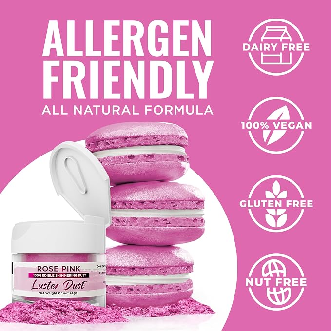 Luster Dust - Rose Pink (4g 1x Jar) | Edible Vegan Dust & Paint for Cake Decorating, Ice Cream, Desserts, Cocktails and Beverages by Bakell