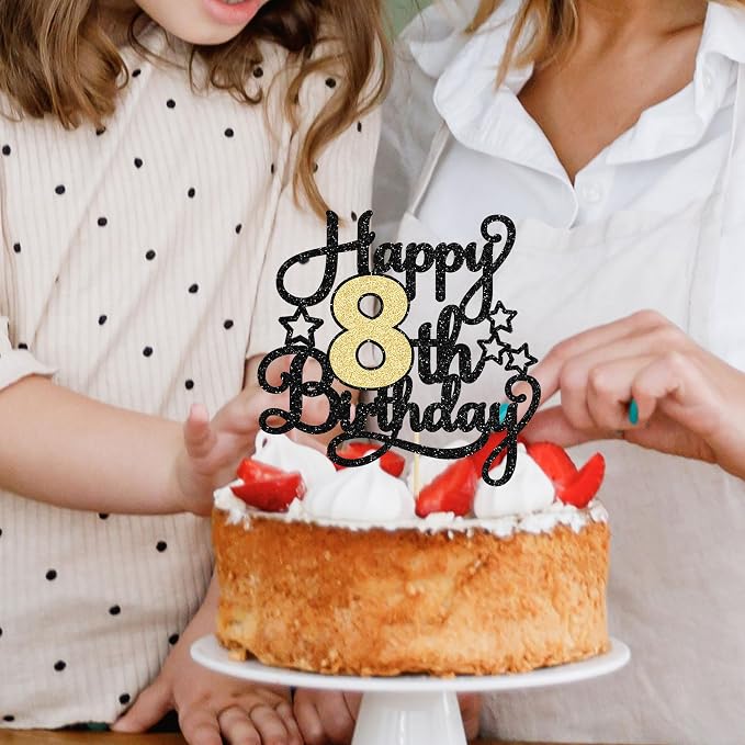1Pc 8th Happy Birthday Cake Topper Glitter Cheers to 8 Years Cake Pick Decoration for 8th Birthday Party Supplies Black Gold