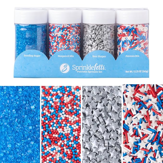 Sweets Indeed 4th of July Sprinkles 4-Pack Set – Patriotic Stars, Sanding Sugar, Nonpareils and Jimmies Mix for Baking & Decorating Cupcakes, Cookies, Cakes & Desserts – 12.25 ounces