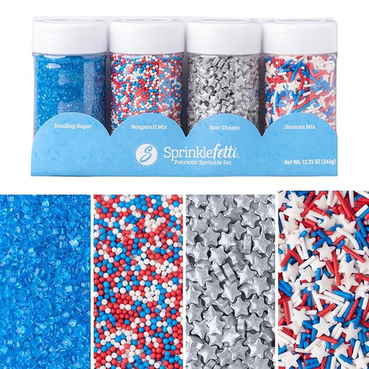 Sweets Indeed 4th of July Sprinkles 4-Pack Set – Patriotic Stars, Sanding Sugar, Nonpareils and Jimmies Mix for Baking & Decorating Cupcakes, Cookies, Cakes & Desserts – 12.25 ounces