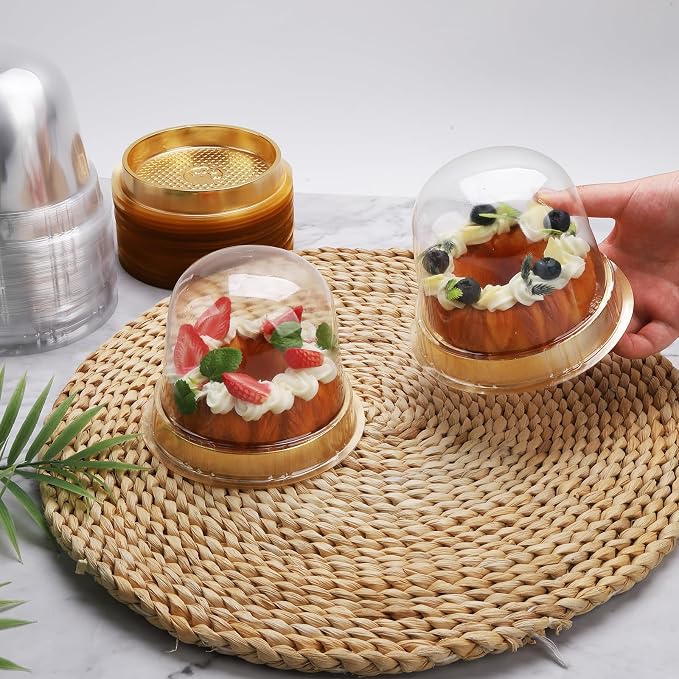 Hewnda 50 Sets Cake Box - Internal Size Diameter 4-3/8 Inch X Height 4-1/8 Inch Clear Plastic Dome Carrier - Single Cake Container Carry Reinforcement Stickers (Gold)