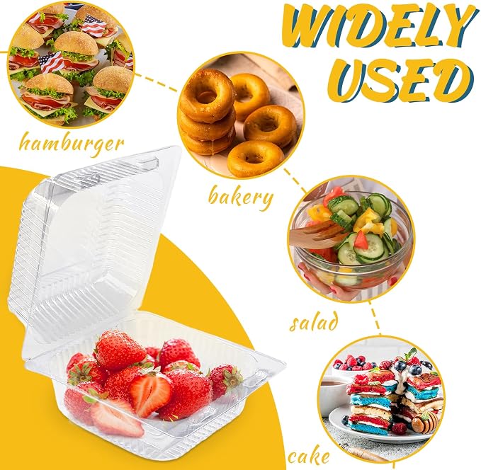 Qyyiguf 200 PCS Clear Plastic Square Hinged Containers,Disposable To Go Containers with Lids,Clamshell Food Containers for Sandwiches,Dessert,Cakes,Cookies,Salads,Pasta(5.3x4.7x2.8 In), 41wsdSDF
