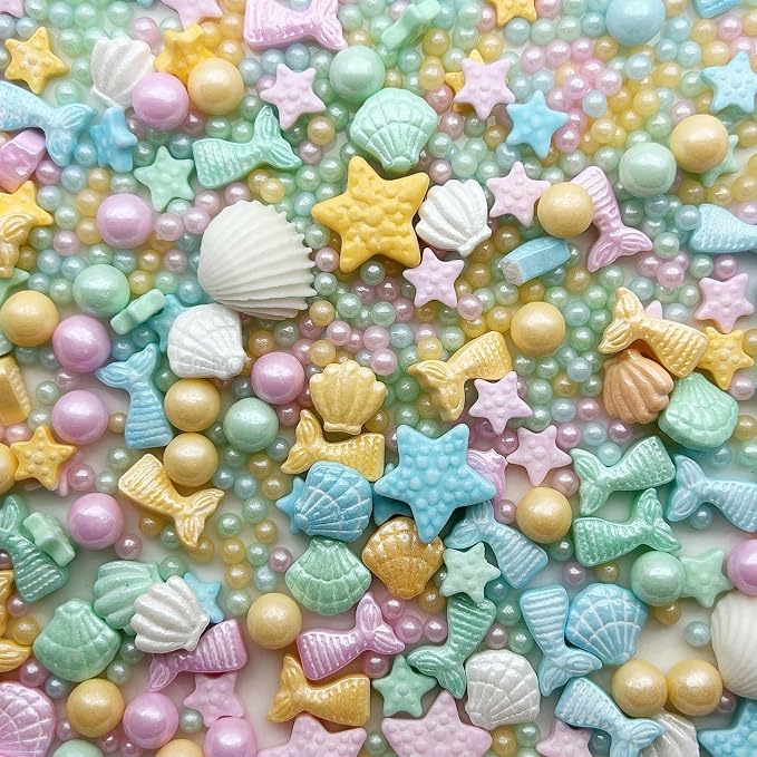 SE Si&Moos Edible Mermaid and Shell Sprinkles Mermaid Cupcake Toppers Beach Cake Decoration Shower Party Birthday Holiday Supplies 3.5 OZ with Tweezers