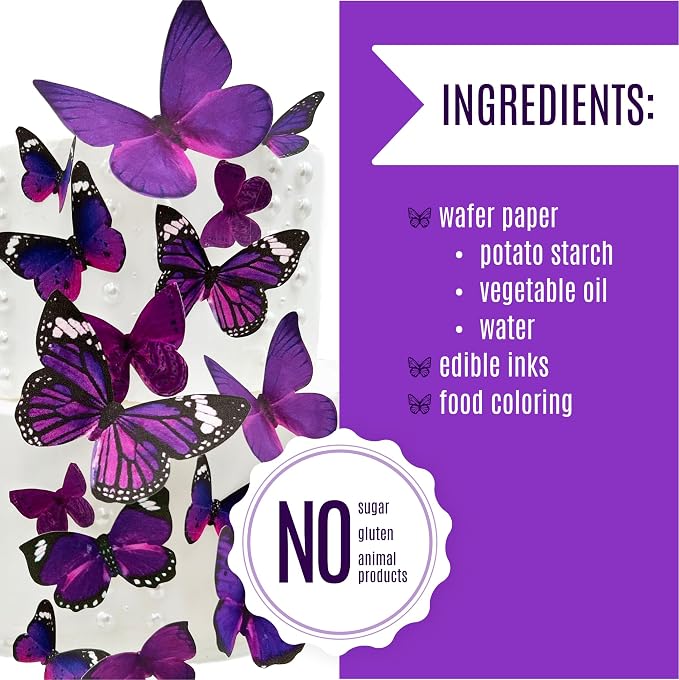 Sugar Robot Inc. Edible Butterflies for Cake Decorating - Assorted Sizes, Premium Crafted in the USA - Butterfly Cake Toppers & Cupcake Decorations (Royal Purple)