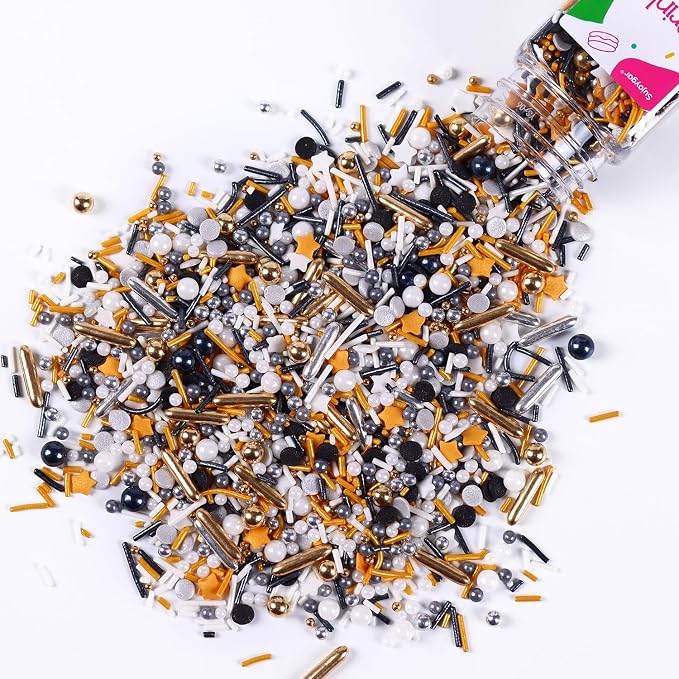Black Sprinkles for Cake Decorating, 3.52oz Graduation Candy Sprinkles, Metallic Gold and Black Star Sprinkles for Cupcakes Baking Ice Cream Cookies, Wedding Birthday Party Decorations