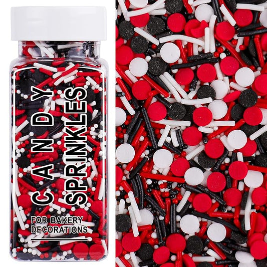 Black Red White Sprinkles for Cake Decorating, 4.6oz Graduation Sprinkles 3-Mix with Nonpareils Confetti Jimmies for Cupcakes Ice Cream Dessert