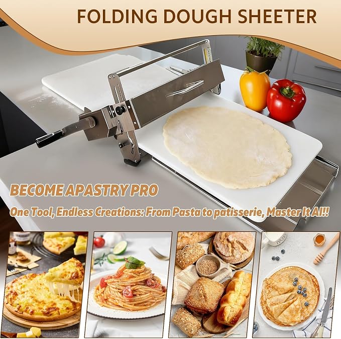 Manual Dough Sheeter Machine for Home & Commercial Use – Versatile Dough Roller Machine with Adjustable Thickness, Foldable Stainless Steel Sheeter for Pizza, Bread, Pastry & Fondant(Type-15.5")
