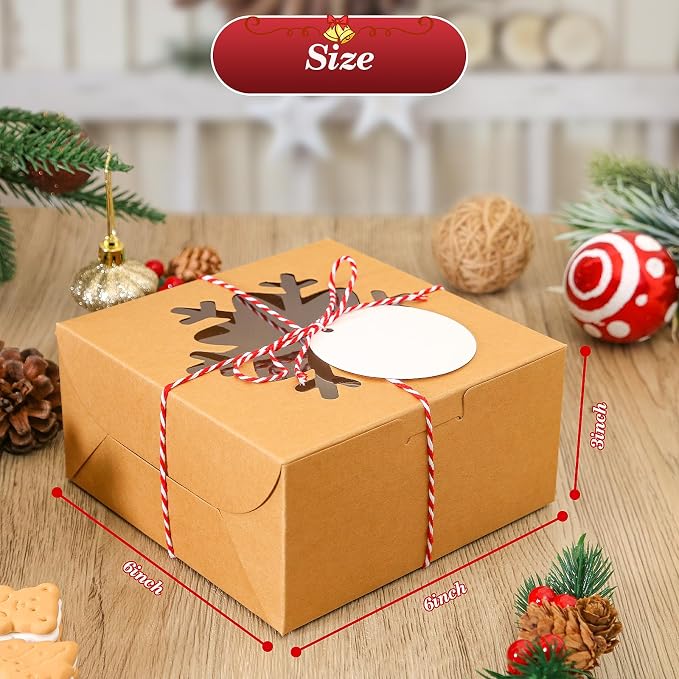 COTOPHER 30Pcs Christmas Cookie Boxes with Window, 6x6x3 inch Kraft Brown Bakery Boxes for Gift Giving, Small Treat Boxes for Cake Donuts Chocolate Strawberries Pastries Muffins