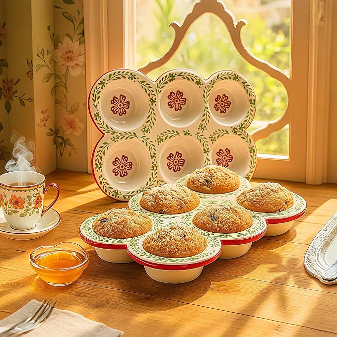 Hiceeden 2 Pack Ceramic Muffin Pans, 6 Cup Non-Stick Muffin Tin Cupcake Pan, Floral Baking Pans with Red Rim for Puddings, Muffins, Cakes, Quiches, Brownies