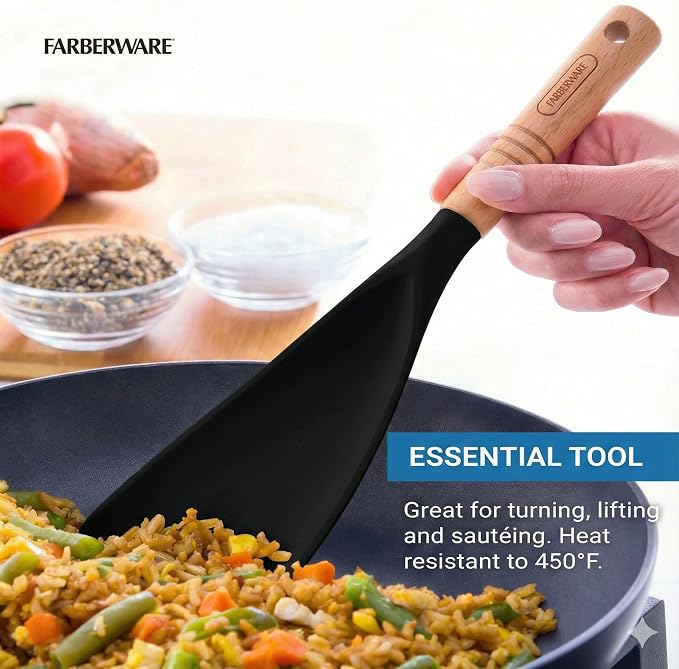 Farberware Pro Spoonula with Beechwood Handle, Black Silicone Scraper Spoon for Mixing, Scraping, and Serving - Kitchen Utensil with Hang Hole for Easy Storage