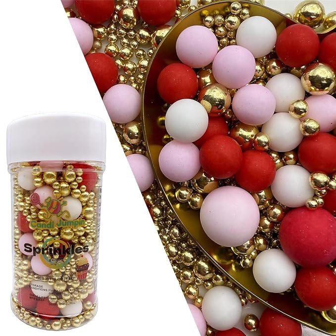 CandiJumpin Edible Pearls for Cake Decorating, Valentines Sprinkles Red White Pink Pearl Sprinkles Gold Sugar Pearls Edible Cake Decorations Valentine Baby Shower Party Birthday Wedding Christmas Supplies 3 OZ