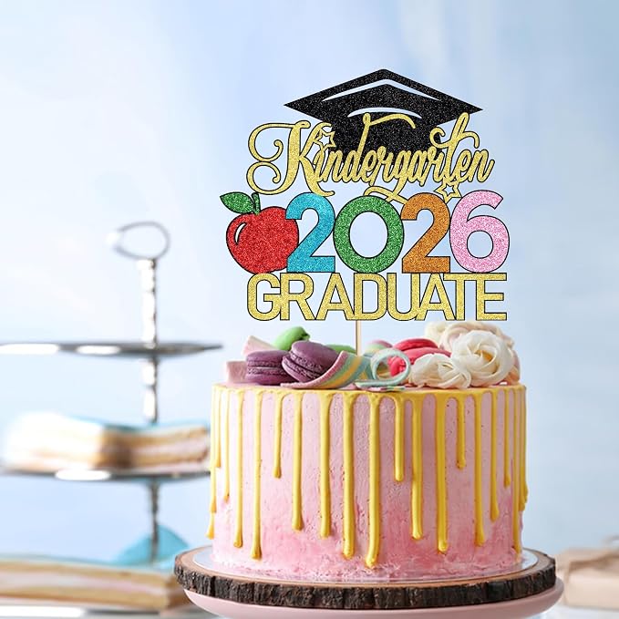 Kindergarten 2026 Graduate Cake Topper, Chirldren Graduation Cake Decorations, Preschool Kindergarten Graduations Party Decoration, Glitter Grad 2026 Happy Graduation (Black Gold)