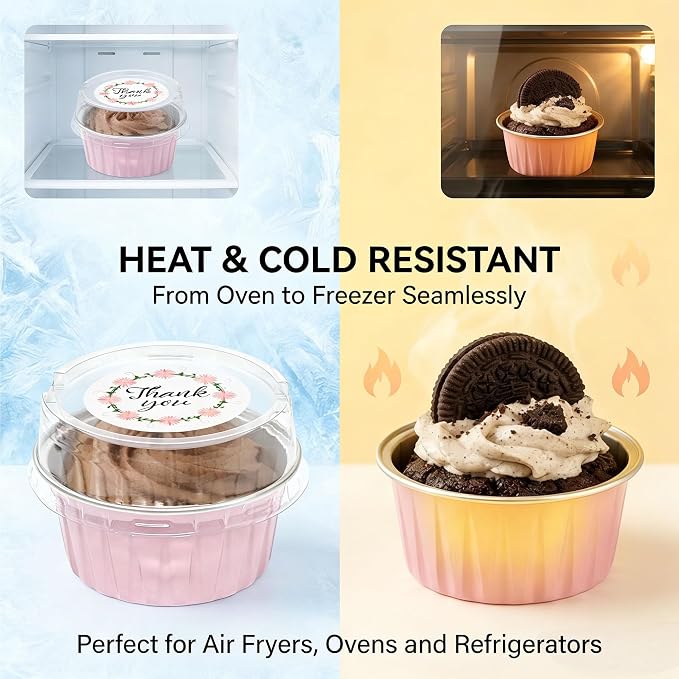 100 PCS Aluminium Foil Baking Cups, Mini Cake Pans with Lids and 100 PCS Spoons, 5 oz Disposable Baking Cups Foil Ramekins For Party Birthday Wedding Valentines (Pink)