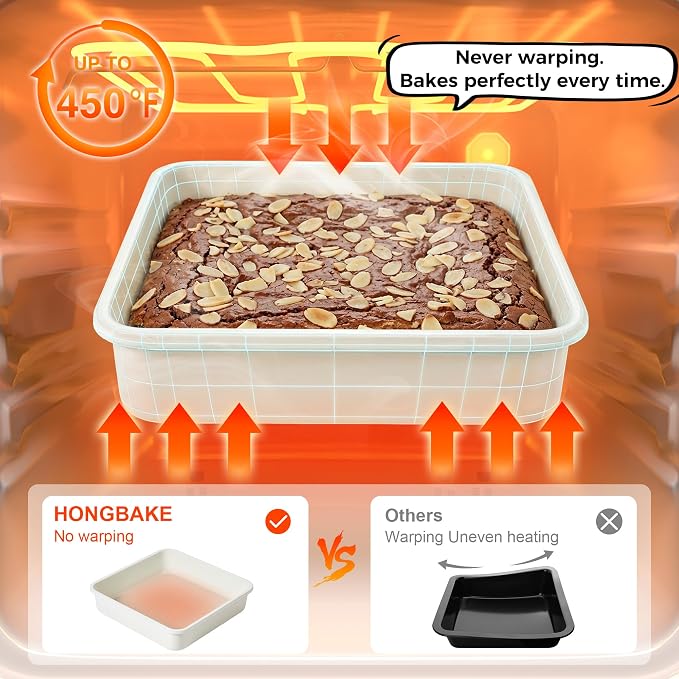 HONGBAKE Ceramic 9x9 Baking Pan 2 Pack, Square Cake Pan with Diamond Texture, Aluminized Steel Nonstick Square Baking Pan for Brownies, Cream