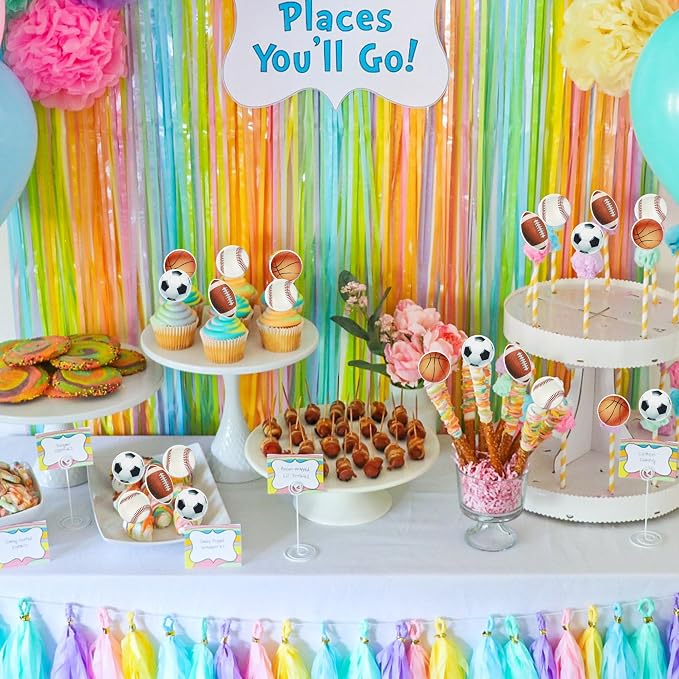 48 PCS Edible Sports Cupcake Toppers Wafer Paper Baseball Rugby Cupcake Picks Edible Basketball Soccer Football for Cake Decorating Sports Ball Game Theme Kids Birthday Party Cake Decorations Supplies