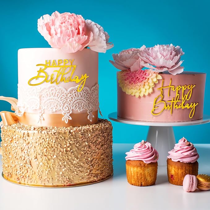 6Pcs Gold Acrylic Cake Toppers - Happy Birthday Sign Picks & Decorations for Celebrating Birthday & Anniversary Parties