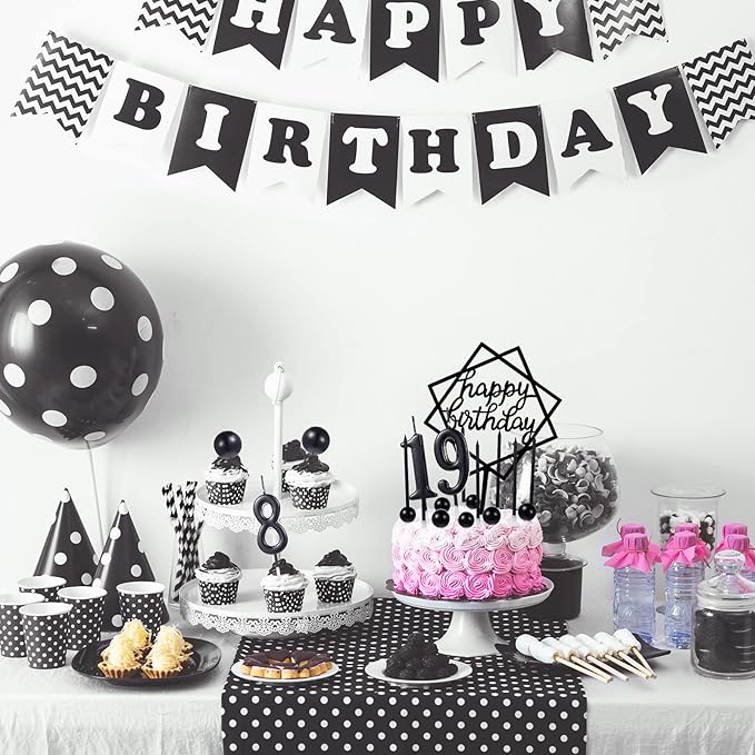 Yerliker 34 Pcs Happy Birthday Cake Toppers Decorations Birthday Candles DIY Cake Decor for Men Women Wedding Anniversary(Black)