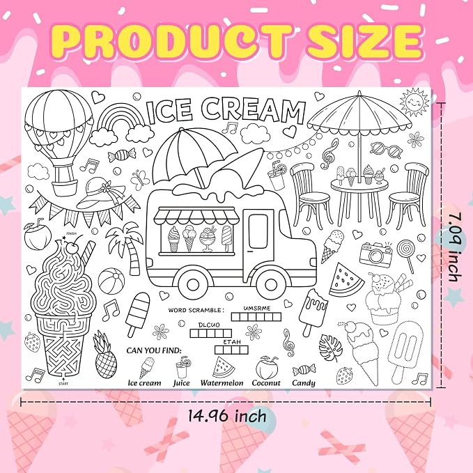 45pcs Ice Cream Disposable Coloring Placemats Summer Crafts for Kids Birthday Party Favors Coloring Poster Cone Sundae Sprinkles Sweet Treat Activity Church Supplies Paper Table Mats