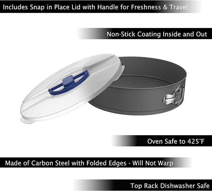 Springform Pan with Lid- 10” Nonstick Baking Cheesecake Pan with Travel Friendly Snap-on Lid-Anti Warping Carbon Steel Bakeware by Classic Cuisine