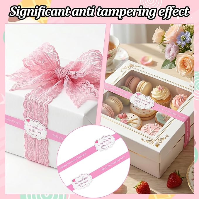 100PCS Pink Food Retail Package Seal Labels Sticker, 9x1 Inch Tamper Proof Stickers, Tamper Evident Stickers Baking Gift Box Sticker for Handmade Baking Craft Arts, Freshness Labels