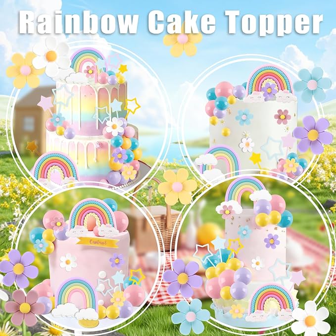 MEMOVAN Rainbow Cake Topper Groovy Cake Decorations with Macaroon Balls Cake Toppers Daisy Flower Cake Decorations Rainbow Theme Cake Cupcake Decors with Cloud Stars for Bohemian Hippie Wedding Party