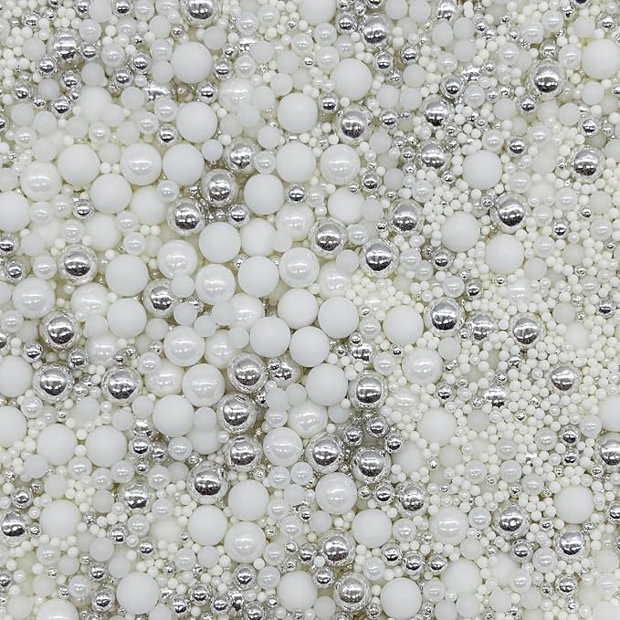 Edible White & Silver Sugar Pearls Sprinkles Candy Mix Size Pearls Cake Decorations Cupcake Toppers Decorating Perfect for Wedding Party Valentine Supplies 4.58OZ