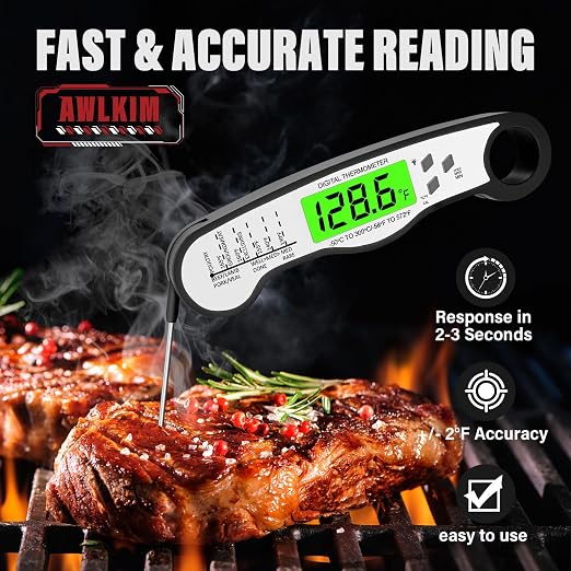 AWLKIM Digital Meat Thermometer, Instant Read Thermometer, Black | Grill, BBQ, candy and baking thermometer with backlit display, foldable probe and magnetic storage.