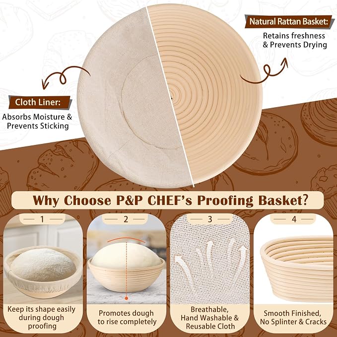 P&P CHEF Sourdough Bread Baking Supplies, 9” Round & 10” Oval Sourdough Proofing Baskets Starter Kit, Bread Making Tool Set with Cloth Liner Bread Lame Scraper Brush Dough Whisk